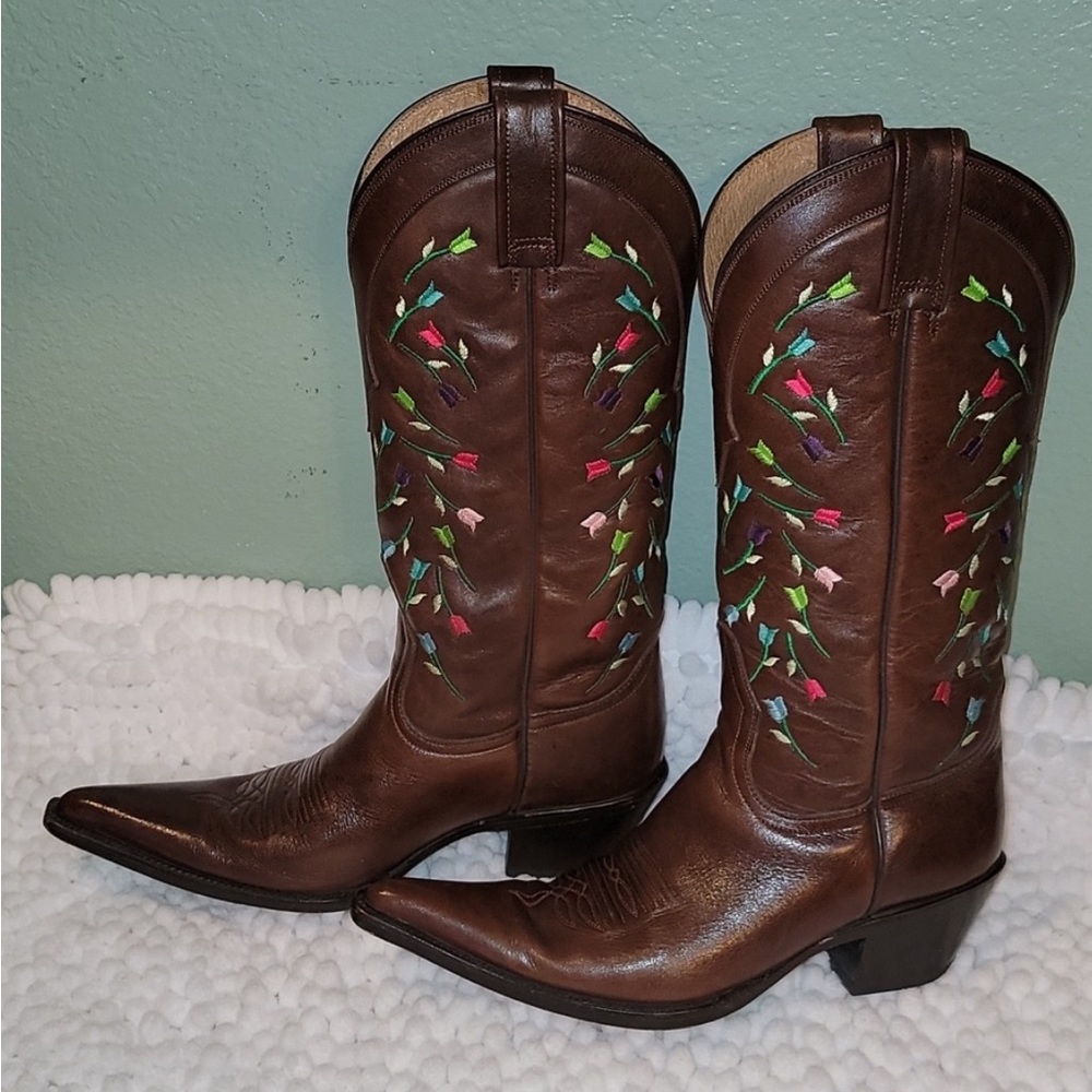 Hand made Lane, Brown Falling Flowers Western Boot